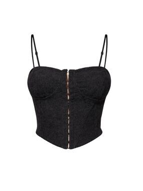 90s Black Corduroy Corset Top Hook Eye Closure Y2K Indie Sleaze Dark Coquette M